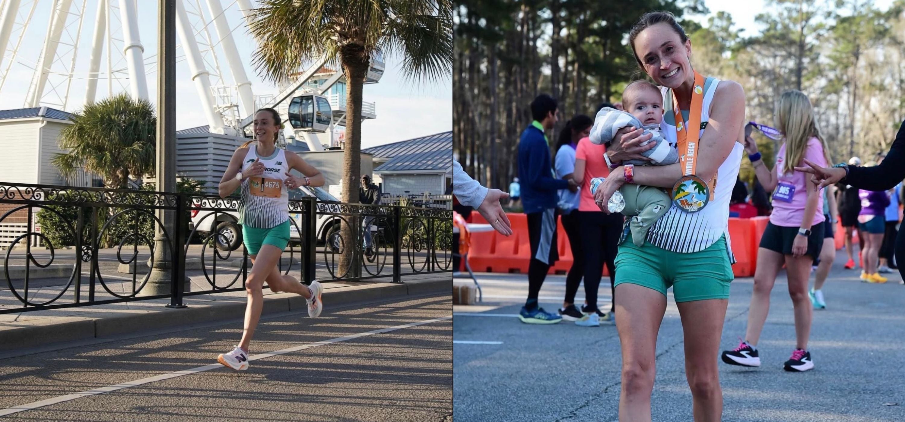 Banner image of Natalie Daniels running marathons. Two images. One depicting her running and the other holding her child.