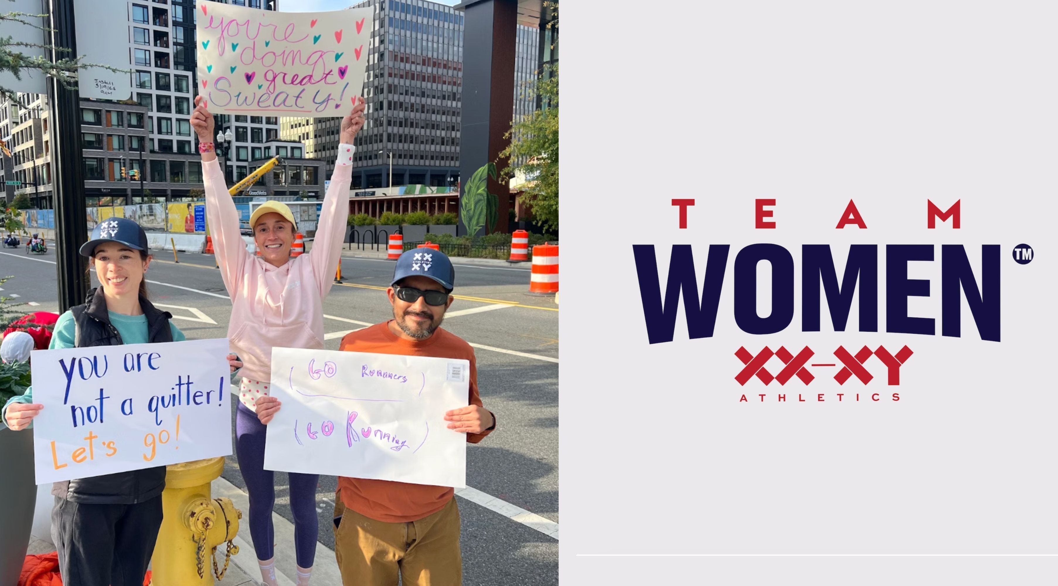 image of team women members holding signs at marathon race