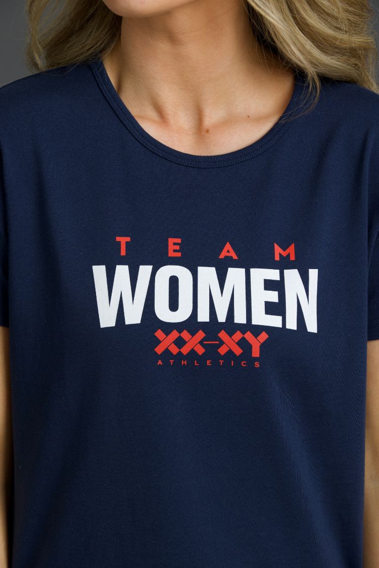 Navy blue t-shirt with 'Team Women XX-XY Athletics' text on a plain background || Navy