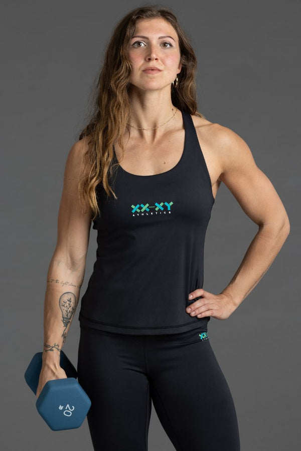 Woman wearing a black tank top with a logo || Black