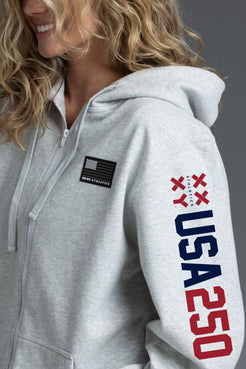 Gray hoodie with USA 250 design on sleeve, brand logo on chest, against a gray background || Light Heather Gray