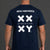 Person wearing a navy blue t-shirt with 'Real Men Rock Athletics' text and logo on the back. || Navy