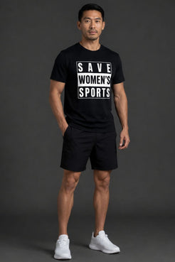 Man wearing a black t-shirt with 'SAVE WOMEN'S SPORTS' text on a dark background || Black