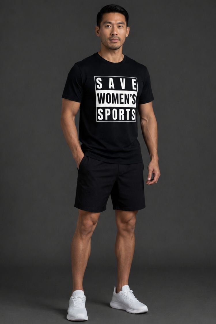 Man wearing a black t-shirt with 'SAVE WOMEN'S SPORTS' text on a dark background || Black