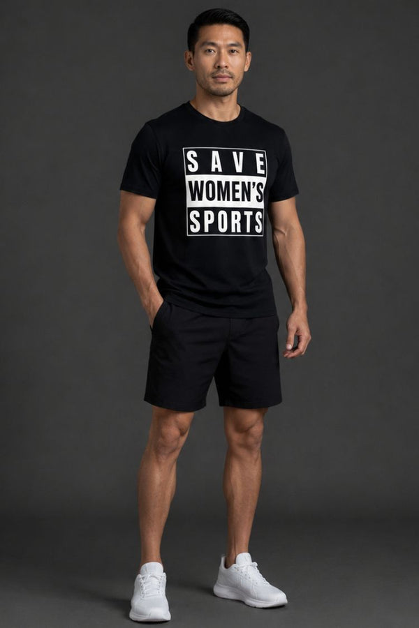 Man wearing a black t-shirt with 'SAVE WOMEN'S SPORTS' text on a dark background || Black