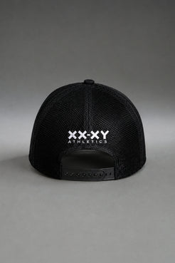 Back of black Nashville Balls mesh trucker hat with white XX-XY Athletics logo || Black