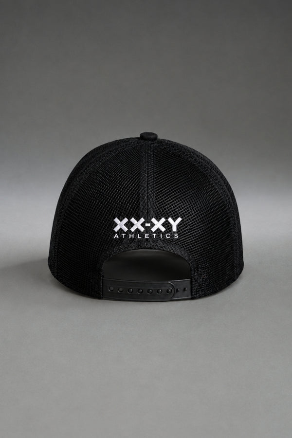 Back of black Nashville Balls mesh trucker hat with white XX-XY Athletics logo || Black