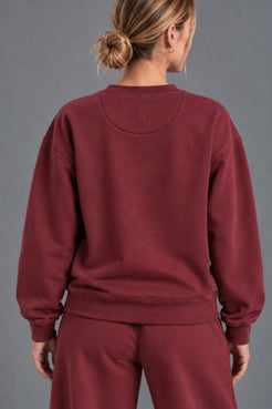 Back view of burgundy XX-XY Athletics crewneck with tonal XX/XY embroidery at the neckline. || Red Wine