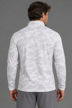 Back view of a male model wearing a white camo quarter-zip pullover with gray athletic shorts. || White Camo
