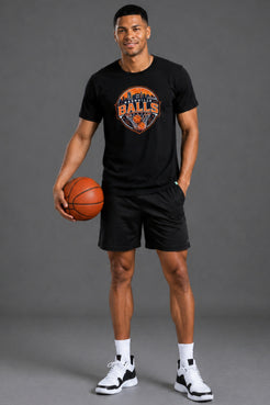 A man modeling a black short-sleeve graphic t-shirt with an orange and blue Phoenix Suns logo, paired with black athletic shorts, white socks, and black-and-white sneakers, holding a basketball against a solid gray studio background. || Black