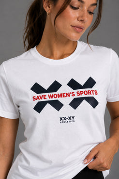 Close-up of the Save Women’s Sports graphic on the white XX-XY Athletics tee || White