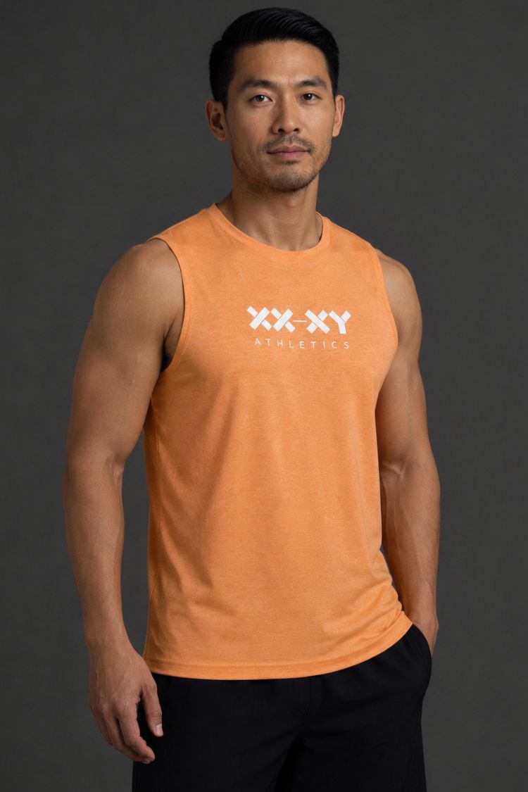 Man wearing an orange tank top with a logo on a dark background || Light Orange
