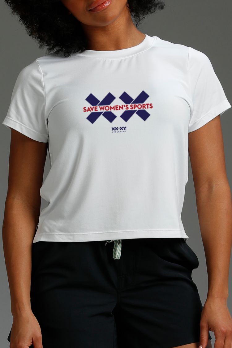 Person wearing a white t-shirt with 'SAVE WOMEN'S SPORTS' text and design. || white