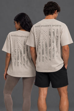 Female and male models showing the back of stone Save Women’s Sports graphic T-shirts. || Dune