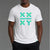 A man wearing a white crewneck t-shirt with a green and teal graphic on the chest that reads 'XX ATHLETICS XY' and black athletic shorts, standing against a solid gray studio background. || White