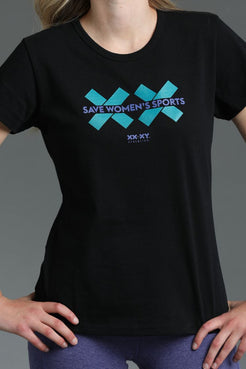 Black t-shirt with blue and white graphic design on a gray background || Teal
