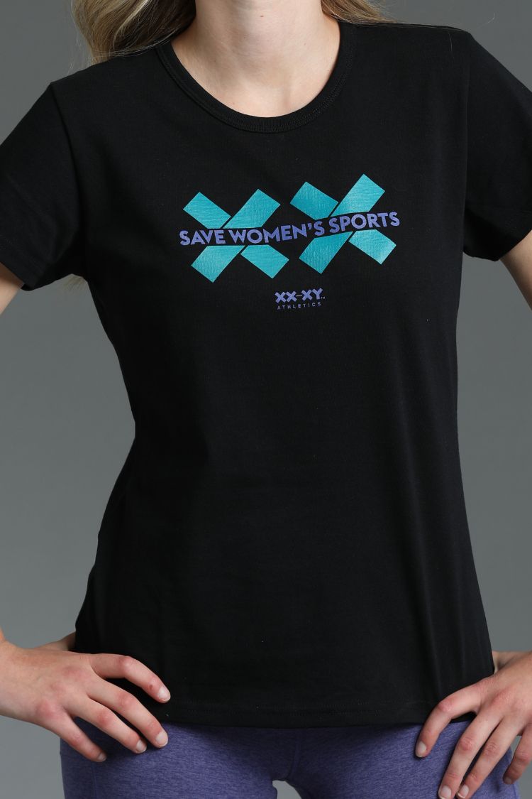 Black t-shirt with blue and white graphic design on a gray background || Teal