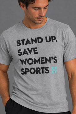 Close-up of gray Stand Up. Save Women’s Sports T-shirt highlighting the front graphic and XX-XY logo. || Heather Gray