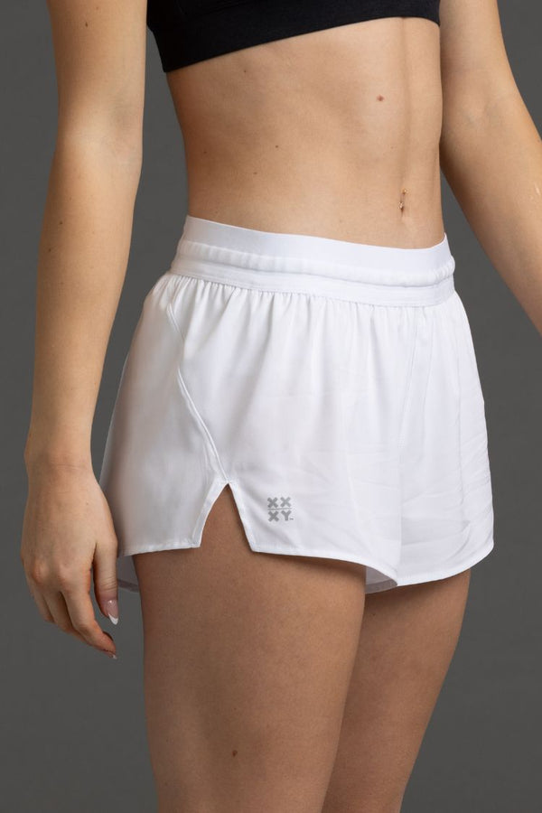 White athletic shorts worn by a person on a gray background || white
