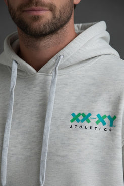 Gray hoodie with 'XXXY Athletics' logo on a dark background || Light Heather Gray
