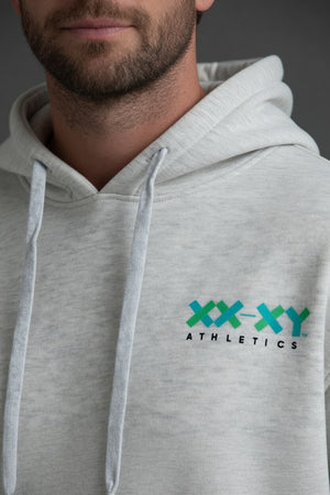 Gray hoodie with 'XXXY Athletics' logo on a dark background || Light Heather Gray