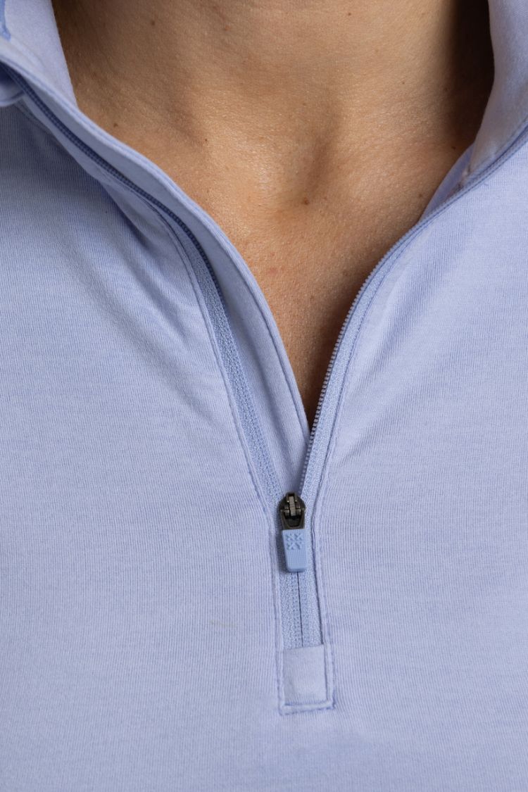Close-up of a Lavender zip-up shirt with a focus on the zipper area. || Lavender Gray