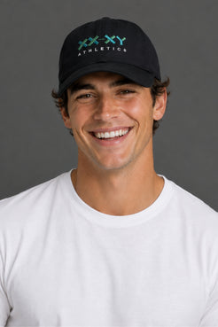 Male model wearing black XX-XY Athletics logo hat and white T-shirt || Black