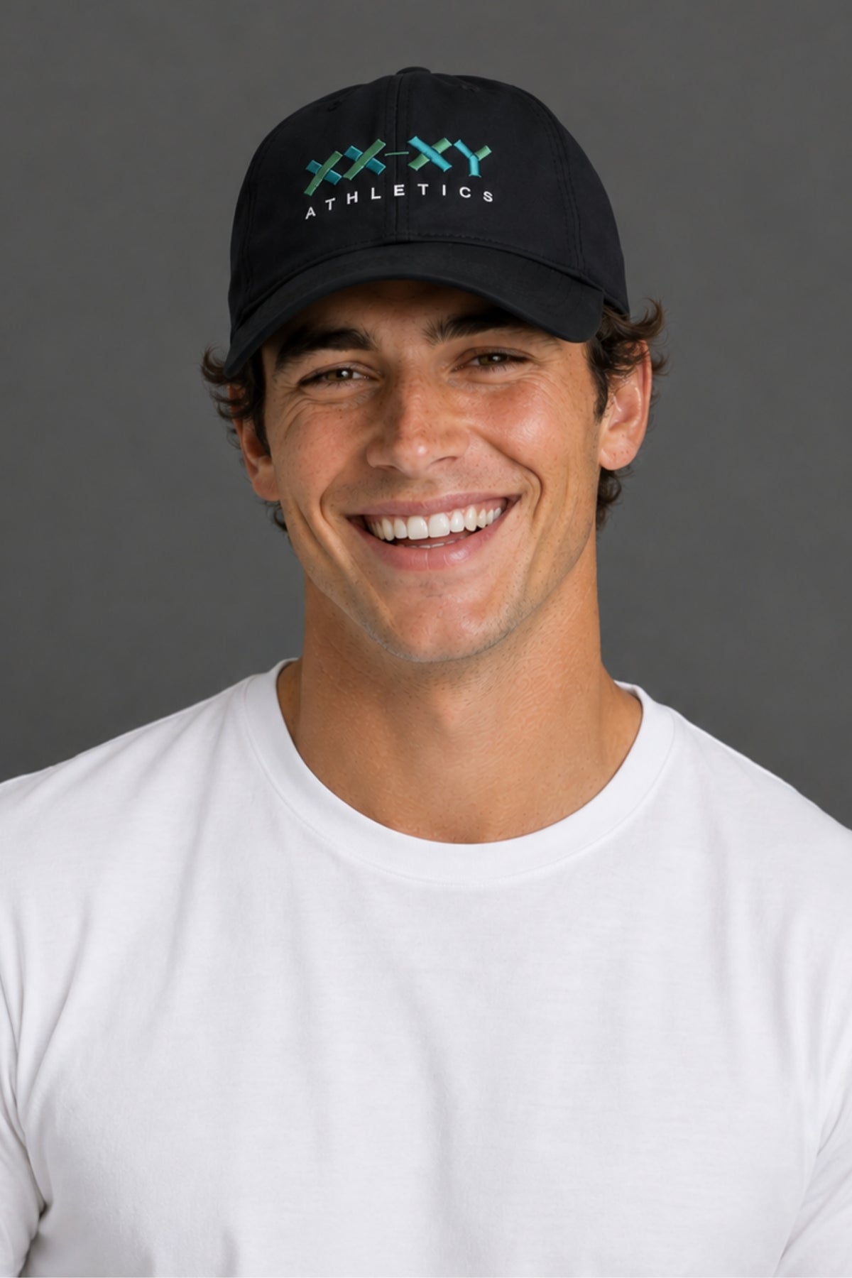 Male model wearing black XX-XY Athletics logo hat and white T-shirt || Black