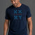 A man wearing a navy blue athletic t-shirt with a blue distressed 'XX' and 'ATHLETICS' graphic on the chest, paired with blue athletic shorts, against a dark gray studio background. || Navy Camo