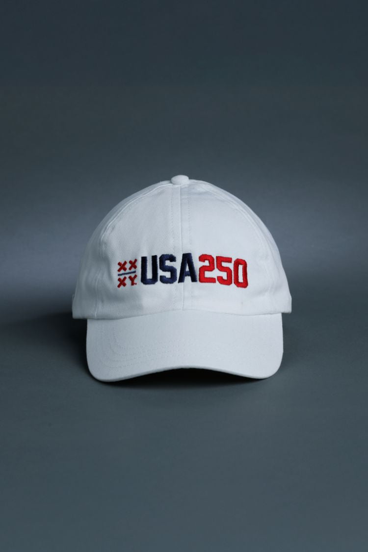 White cap with 'USA 250' text on a gray background || White