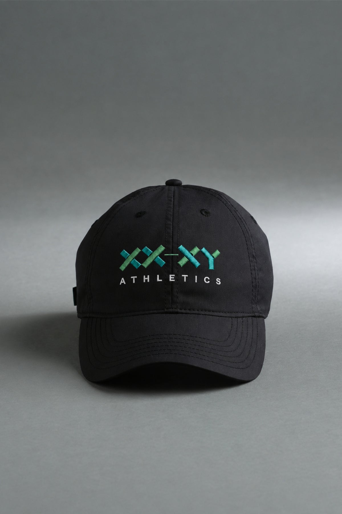 Front view of black XX-XY Athletics embroidered logo hat || Black