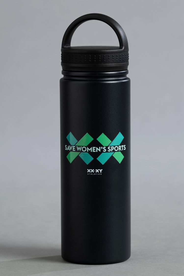 Black water bottle with 'Save Women's Sports' logo on a gray background || Black