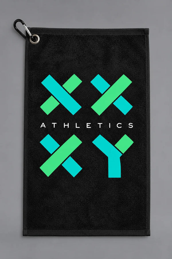 Black XX-XY Athletics golf towel laid flat with a turquoise and green graphic logo, white Athletics lettering, and metal carabiner attachment || Black