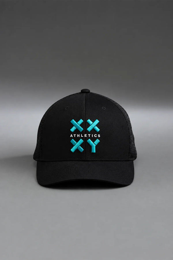 Black cap with green logo on a gray background || black with color logo