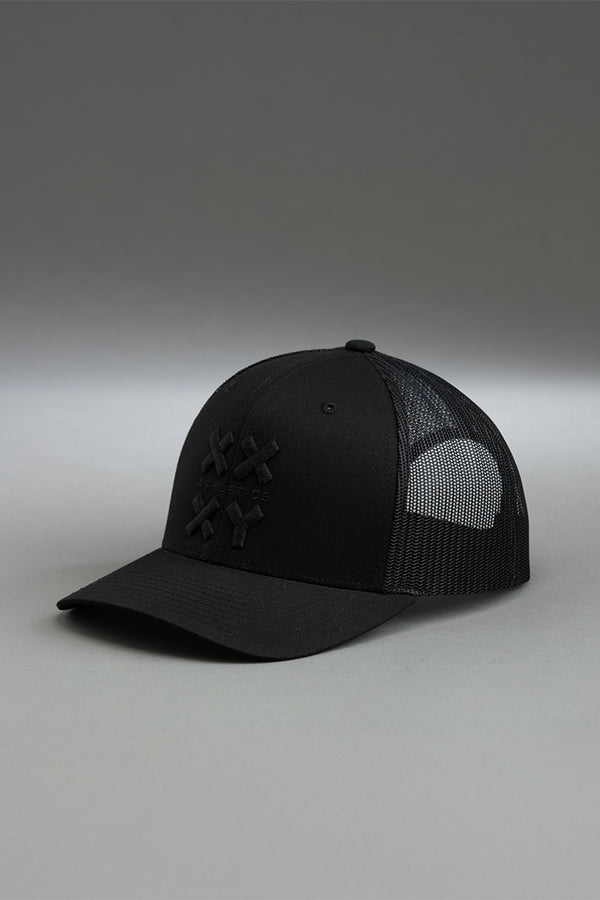 Black baseball cap with mesh back on a gray background || black with black logo