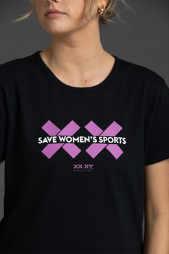 Person wearing a black t-shirt with a purple and white graphic and text. || Bright Fuchsia