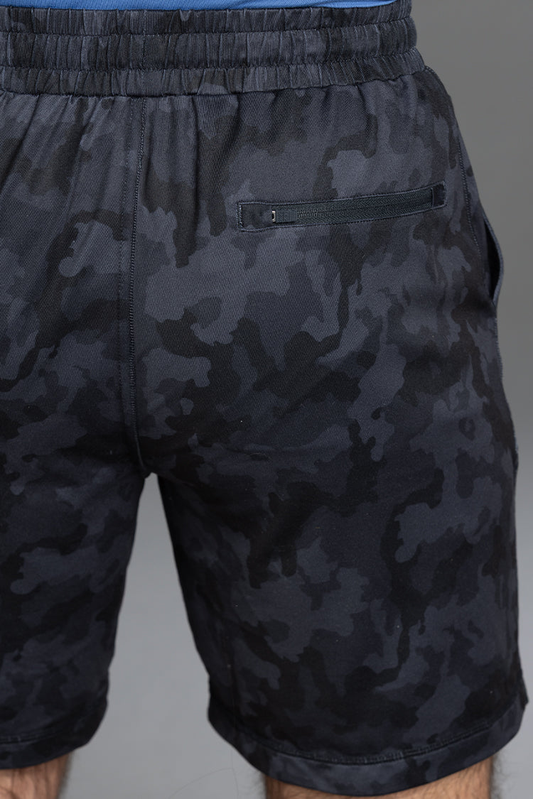 Black camouflage shorts on a gray background || Black Camo