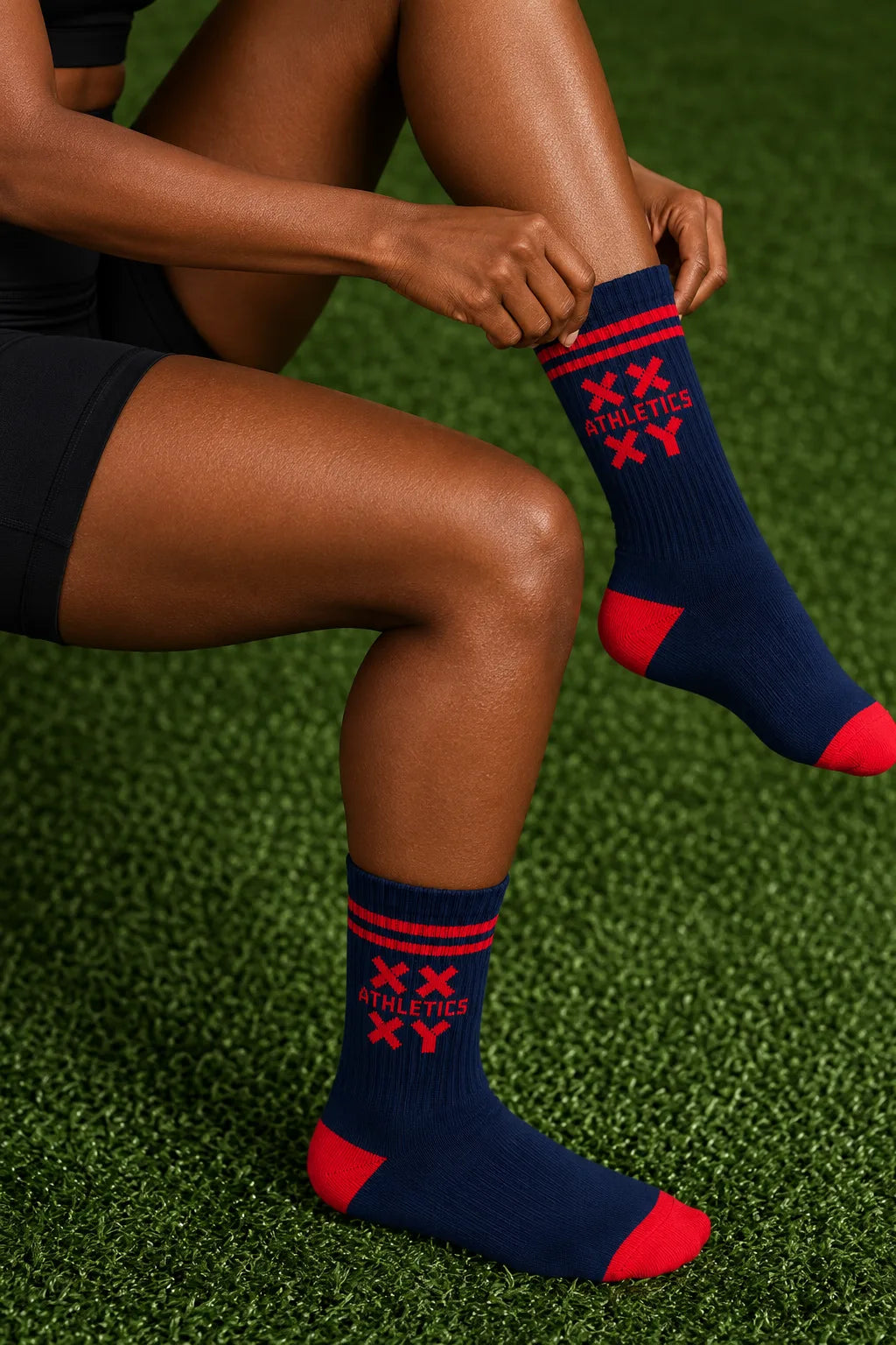 Black female model wearing navy crew socks with red stripes, red toe and heel accents, and a red XX-XY Athletics logo while adjusting the sock on green turf. || blue aster/red