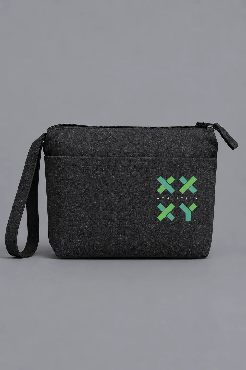 Black recycled canvas wristlet pouch with zippered closure, wrist strap, and green XX-XY Athletics logo