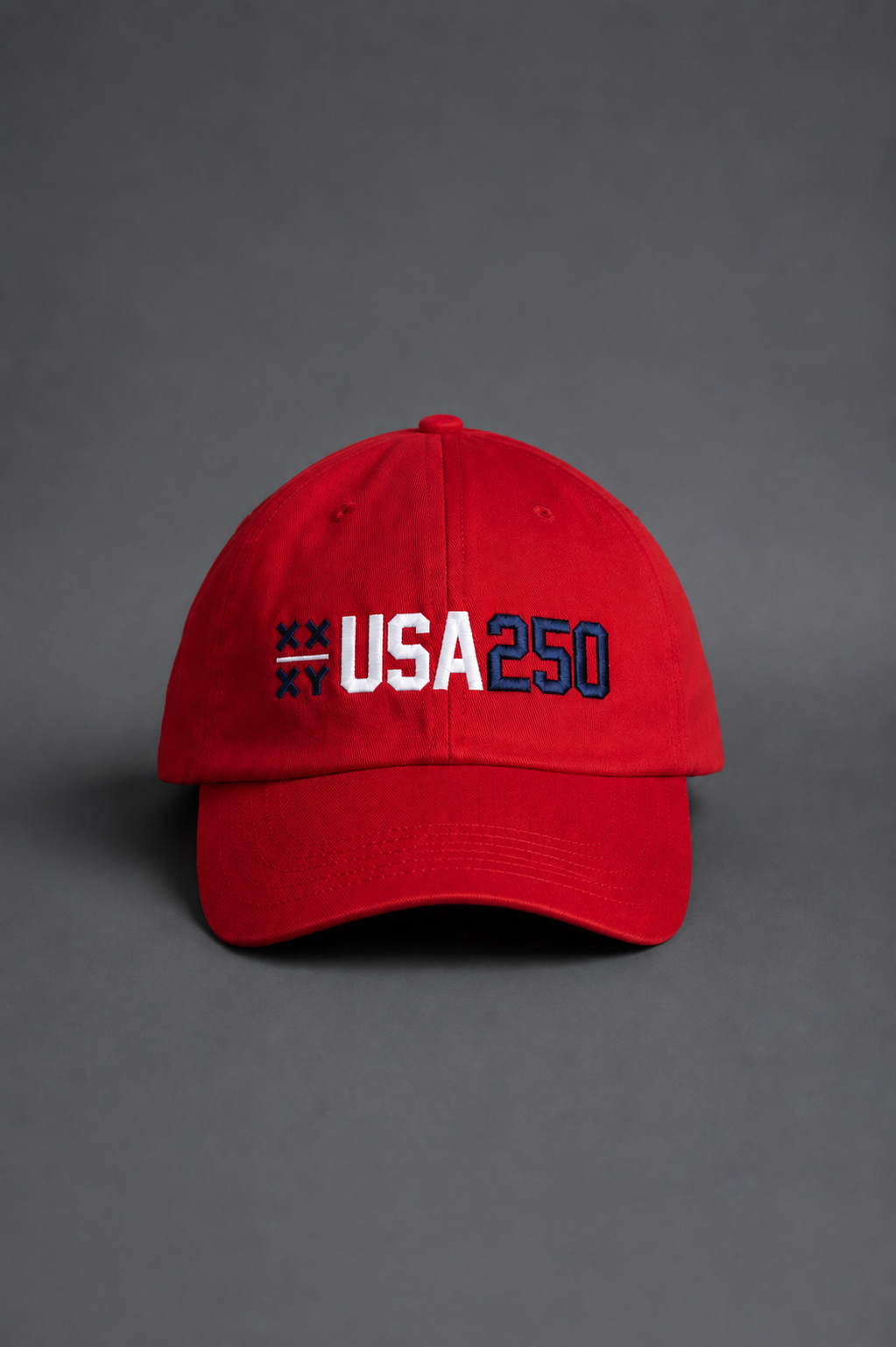 Red cap with 'USA 250' text on a gray background || Red