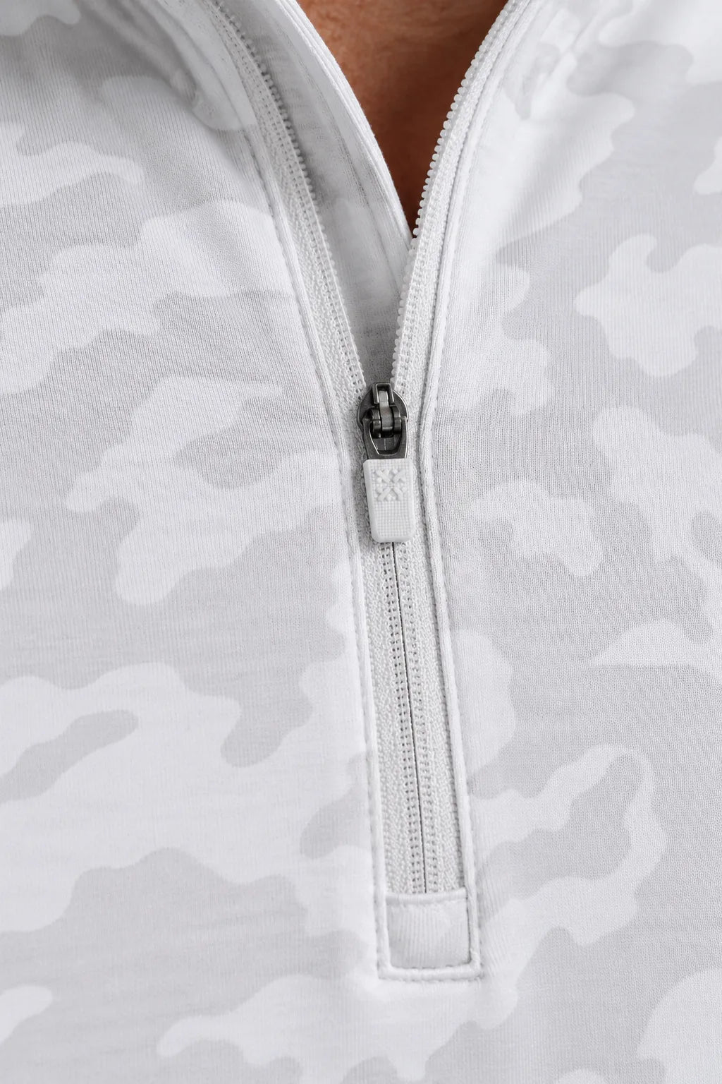 Close-up of the zipper and fabric detail on a white camo quarter-zip pullover. || White Camo