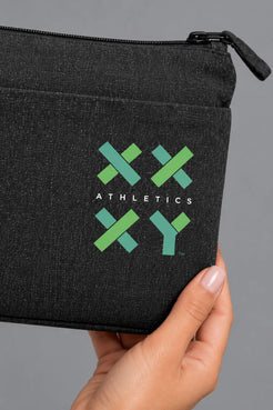 Close-up of green XX-XY Athletics logo printed on black recycled canvas wristlet pouch || Black