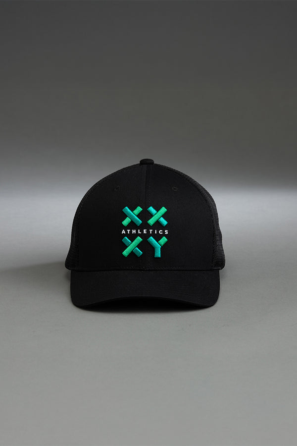 Black cap with green logo on a gray background || black with color logo