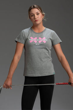 Woman wearing a gray t-shirt with a logo and text, holding a golf club on a gray background || Heather Gray