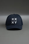 White Logo Trucker Cap on Navy
