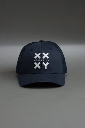 White Logo Trucker Cap on Navy