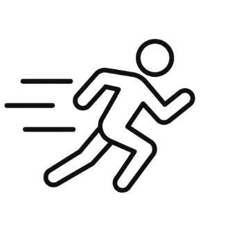 A minimalist black line icon of a running person with motion lines on the left, shown on a plain white background.