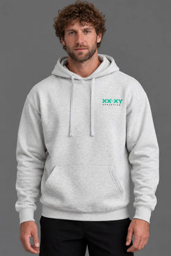 Male model wearing a heather gray XX-XY Athletics hoodie with black athletic shorts against a gray studio background. || Light Heather Gray