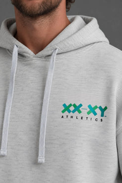 Close-up of the heather gray hoodie featuring the teal and green XX-XY Athletics chest logo.|| Light Heather Gray