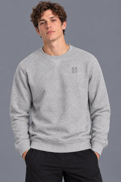Male model wearing the XX-XY Athletics Crewneck Sweatshirt with tonal embroidered chest logo, paired with black shorts against a gray background || Heather Gray